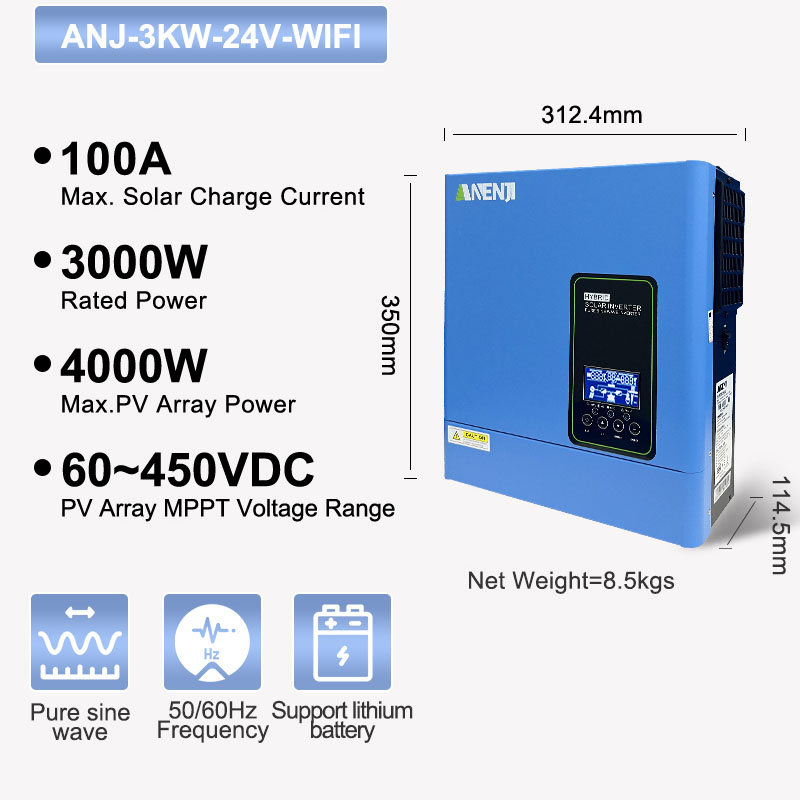 Inverter Pure Sine Wave 60Hz 120V 3000W - อินเวอร์เตอร์พลังงานแสงอาทิตย์แบบออฟกริด 24V 3000W 120V รองรับแผงโซลาร์เซลล์สูงสุด 4000W